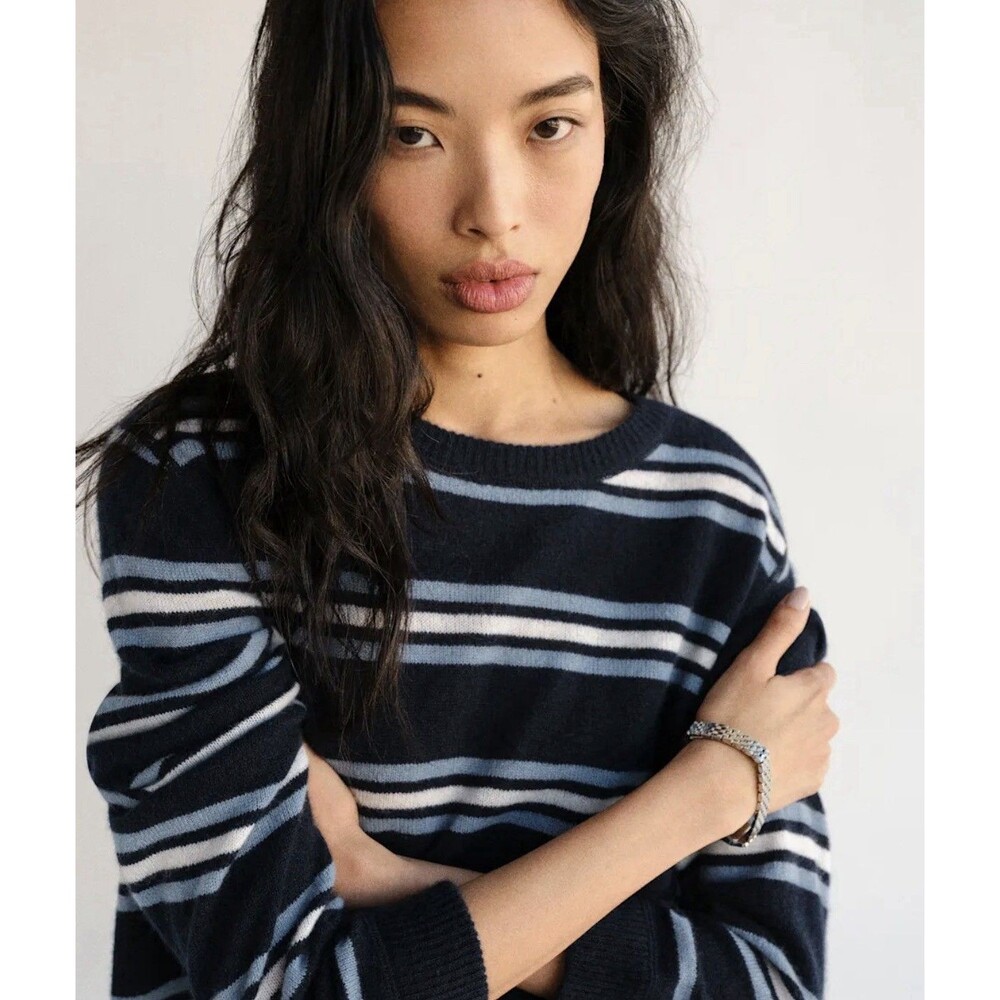 Reformation Cashmere Stripped Blue Boyfriend Sweater Size S - Picture 2 of 7
